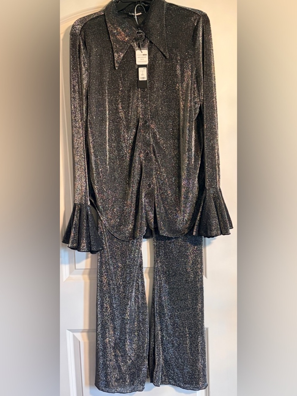 Women's Sparkle Wide Leg Jumpsuit Set - Black Metallic